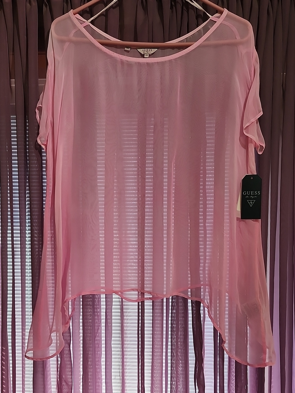 Guess Sheer Pink Short Sleeve Shark Bite Top XS